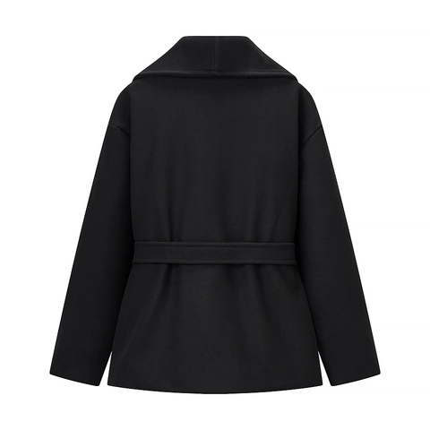 Women Woolen Coat Solid Black Lapel Collar Belted Waist Long Sleeve Autumn Winter Casual Elegant Outerwear For Ladies