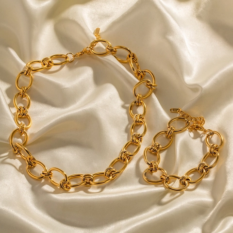 Modern Stainless Steel Chunky Oval Link Chain Necklace And Bracelet 18K Gold Plated Thick Geometric Jewelry For Women