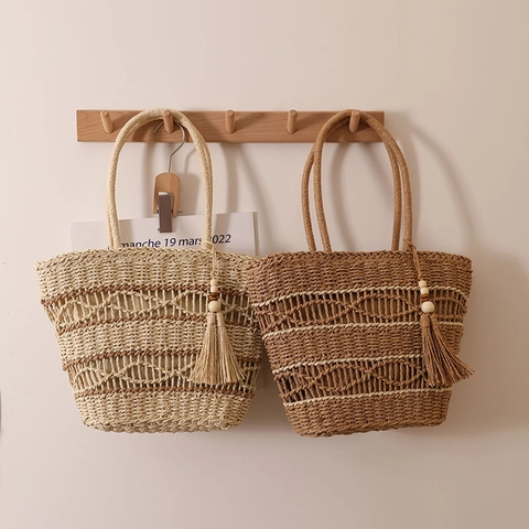 Bolso De Mano De Paja Para Mujer Bolso De Playa Calado Con Borlas Y Cuentas De Madera Vacaciones Verano Estilo Casual