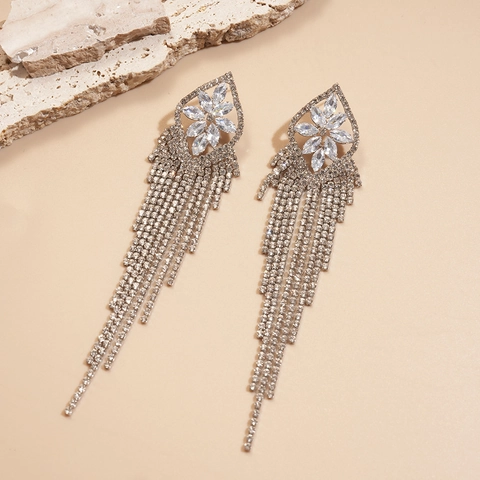 Luxus Zirkon Blume Lange Quasten Ohrringe Geometrisch Kupfer Mit Silbernem Ohrstecker Party Hochzeit Für Damen
