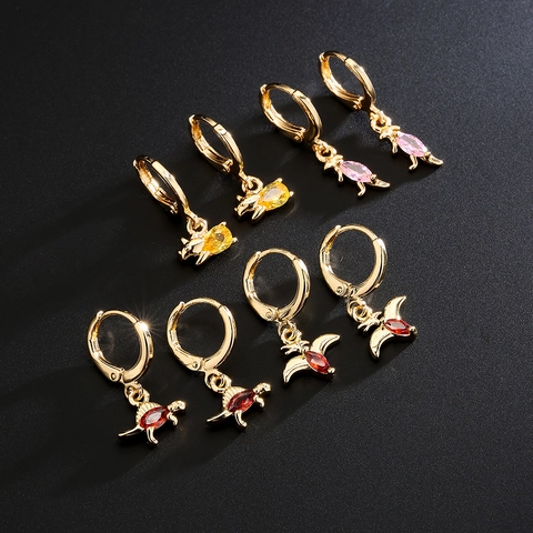 Cute Animal Dinosaur Pig Sea Turtle Drop Hoop Earrings 18K Gold Plated Copper Colorful Zircon Micro Pave Dangle Jewelry Women