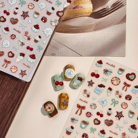 3D Ανάγλυφα Αυτοκόλλητα Nail Art Θέμα Επιδόρπιο Σοκολάτα Μέντα Κεράσι Cupcake Σχέδιο Χαριτωμένο Κορεάτικο Διακοσμητικά Αξεσουάρ Μανικιούρ