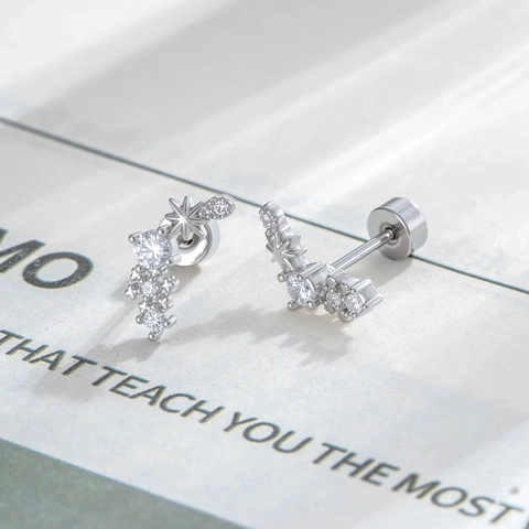 Micro Paved Zirconia Star Snowflake Cartilage Stud Earring Titanium Steel Copper Flat Back Screw Piercing Jewelry For Women
