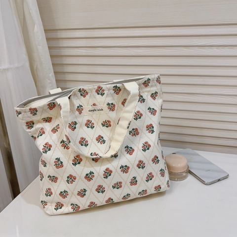 Cute Floral Cotton Canvas Handbag Rabbit Print Tote Bag With Zipper Closure Fresh Small Shopping Lunch Pouch For Women