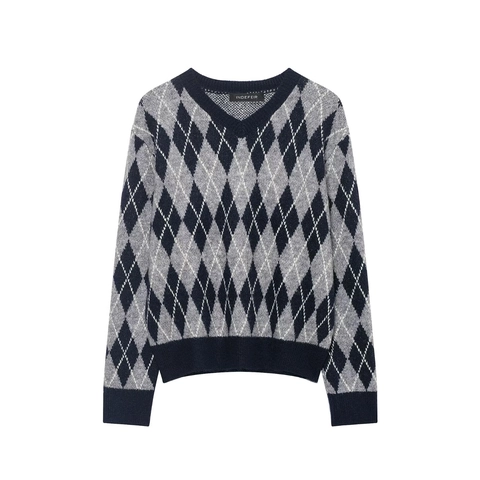 Suéter De Punto Argyle Con Cuello En V Para Mujer Poliéster Acrílico Manga Larga Puños Acanalados Estampado Geométrico Top