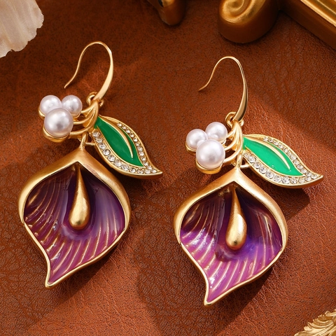 Calla Lily Floral Dangle Earrings Alloy Enamel White Artificial Pearl Rhinestone Vintage Elegant Jewelry For Women