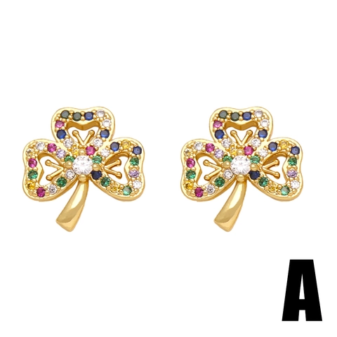 Westlicher Stil Kupfer Zirkonia Ohrstecker Bunte Mikro-Eingelegt Herz Blume Stern Gold Überzogene Ohrstecker Für Damen