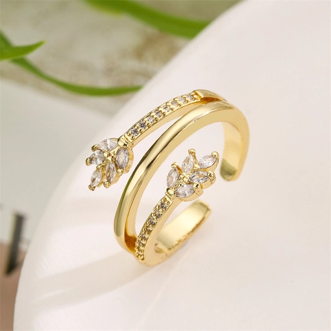 Adjustable Open Ring For Women Copper Gold Plated With Zircon Geometric Star Moon Leaf Design Fashion Jewelry