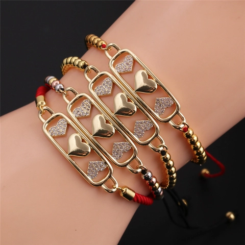 Pulsera De Cobre Chapada En Oro Con Dijes De Corazón De Circonia Cordón Trenzado Ajustable Joyería
