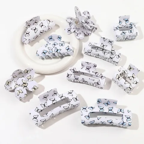 Butterfly Printed Hair Claw Clips Acrylic Rectangular Flower Arched Shape Strong Hold Daily Styling For Women Girls