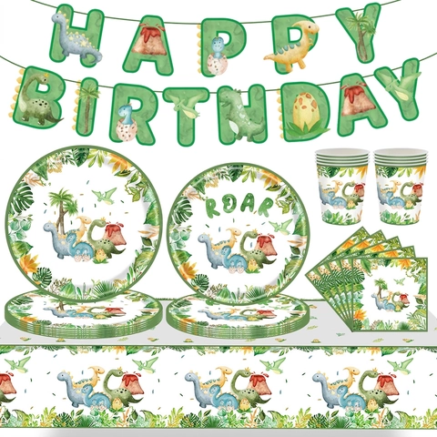 Decorazioni Per Stoviglie Per Feste Di Compleanno Con Dinosauri Acquerello Piatti Di Carta Bicchieri Tovaglioli Tovaglia Banner Per Ragazzi Ragazze Verde