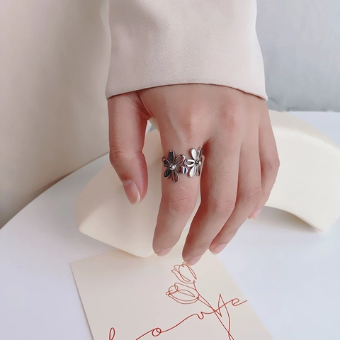 Dual Flower Adjustable Ring Titanium Steel Minimalist Floral Finger Jewelry For Women Gold Silver Tone
