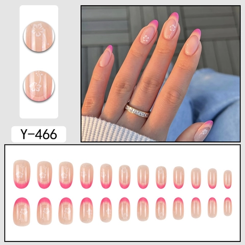 French Gradient Pink Press On Nails With White Flower Pattern Oval ABS False Nails For Women Sweet Style