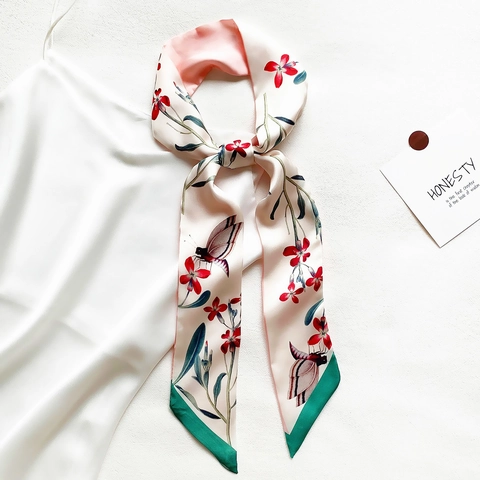Dames Elegante Satijnen Sjaal Lange Twilly Met Bloemen En Vogels Print Multifunctionele Haarband Handtas Streamer Nekdoek Mode Accessoire