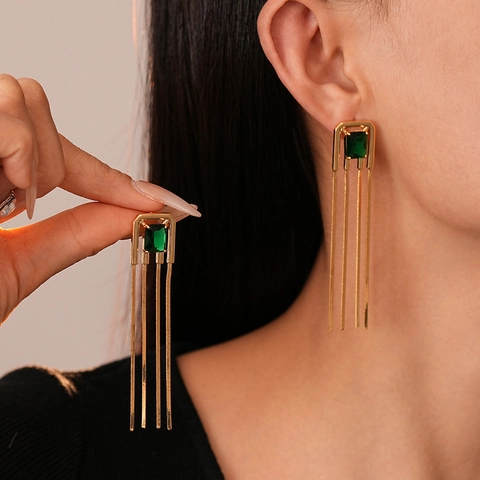 Retro Quadratische Grüne Zirkon Quasten Ohrhänger Mit Silbernem Ohrstecker Geometrischer Langer Metallschmuck Für Damen