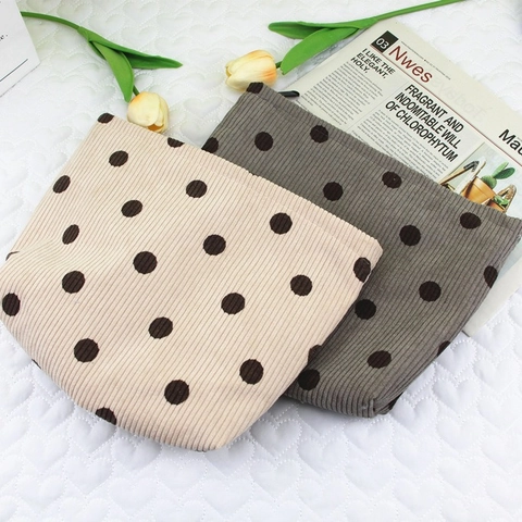 Corduroy Cosmetische Tas Bedrukte Smiley Face Polka Dot Reis Draagbare Make Up Organizer Waszak Voor Vrouwen