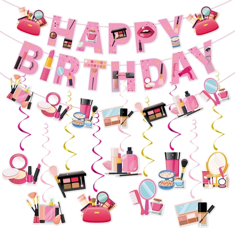 Decorazioni Per Feste Di Compleanno A Tema Trucco Rosa Banner Cake Topper Riccioli Appesi Ghirlanda Di Carta Per Ragazze