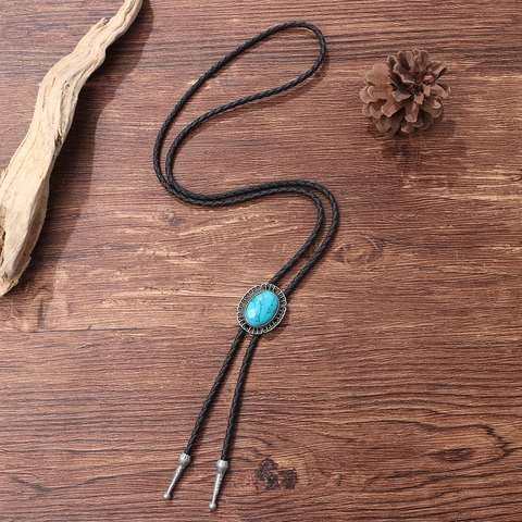 Western Bolo Tie Vintage Cowboy Ketting Met Turquoise Legering Hanger En Gevlochten PU Leren Koord Retro Accessoires