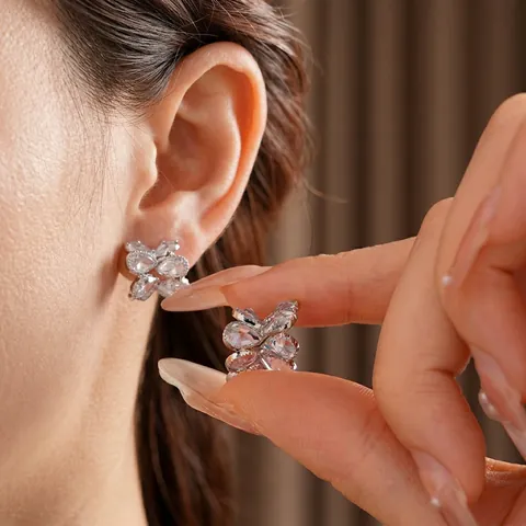 Water Drop Flower Stud Earrings With Zirconia Inlaid Copper Metal And Silver Earring Post Elegant Luxury Fashion For Women