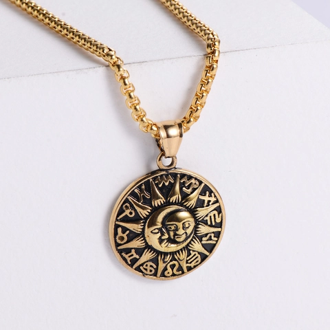 Retro 12 Constellations Sun Moon Medallion Pendant 304 Stainless Steel Vintage Punk Jewelry For Men Women