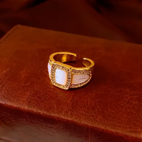 Retro Open Ring Gold Copper With Mother Of Artificial Pearl Rectangular Zircon Geometric Luxury Adjustable Jewelry For Women
