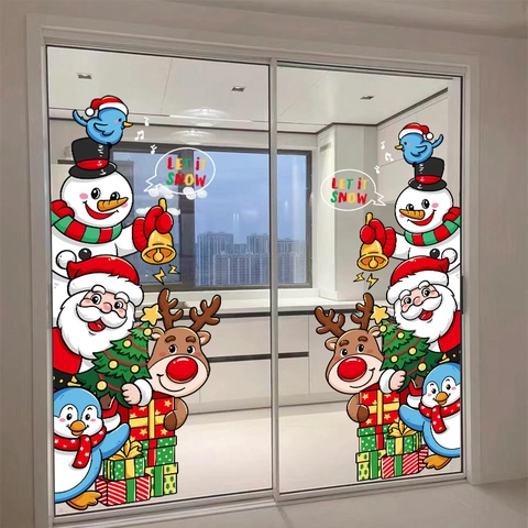 Christmas Window Stickers Static Cling PVC Cartoon Santa Reindeer Snowman Glass Decals For Shop Home Holiday Festive Decor