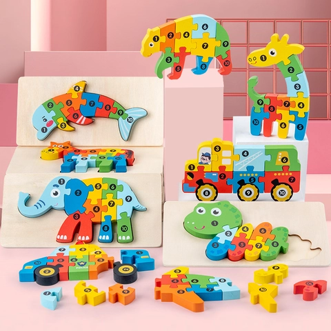 Wooden 3D Jigsaw Puzzle Cartoon Animal Vehicle Number Cognitive Early Educational Learning Montessori Toy For Toddlers Kids