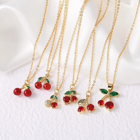 Sweet Cherry Pendant Necklace Gold Plated Copper Zircon Enamel Fruit Jewelry For Women Girls Elegant Aesthetic Minimalist Accessory