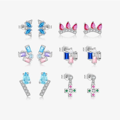 925 Sterling Silver Stud Earrings For Women Irregular Zirconia Geometric Butterfly Crown Trendy Inlaid Fashion Earrings