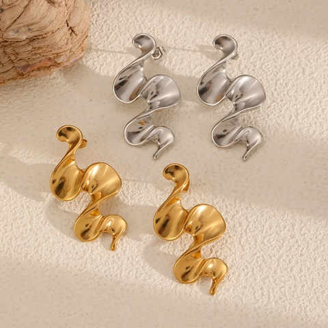 Stainless Steel Irregular Wave Earrings Minimalist Crinkle Liquid Metal Style Women Jewelry