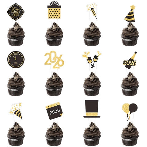 Decorazioni Per Torte Felice Anno Nuovo 2026 Decorazione Per Feste Carta Glitterata Nero Oro Inserti Per Cupcake
