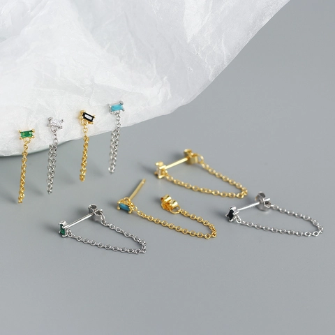 Trendy 925 Sterling Silver Rhinestone Tassel Chain Stud Earrings For Women Personalized Stackable Geometric Piercing Jewelry