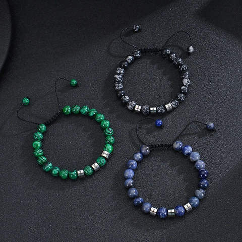 Natural Stone Bead Bracelet With Stainless Steel Cylindrical Beads Hand Woven Adjustable Rope Jewelry For Men Women
