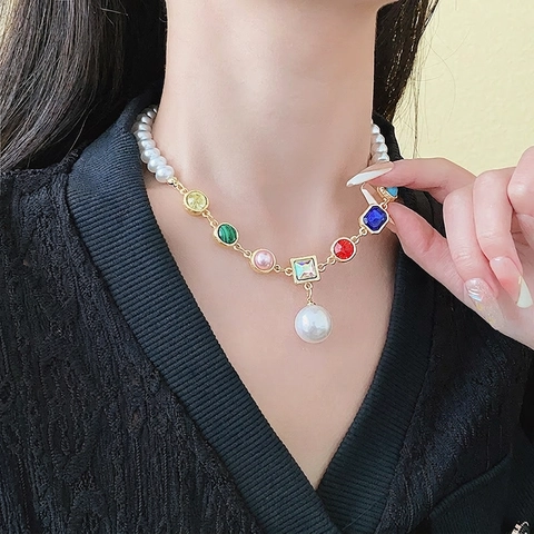 Faux Artificial Pearl Necklace With Colorful Crystal Accents Alloy Gold Plated Vintage Luxury Style For Women