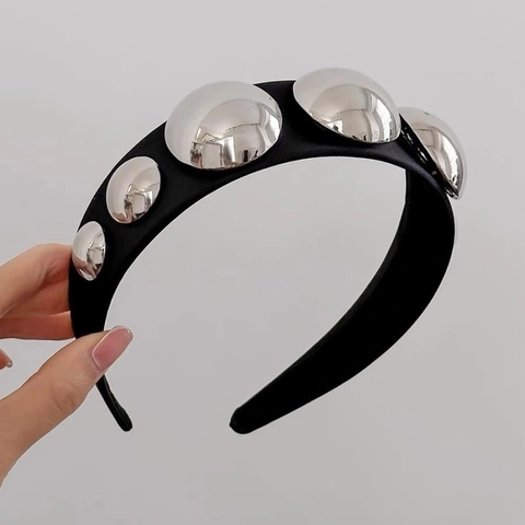 Wide Headband For Women Black Fabric Hair Hoop With Silver Hemispherical Studs Chic Punk Style High Skull Top