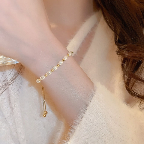 Artificial Pearl Beaded Bracelet Alloy Faux Rice Artificial Pearls Gold Beads Adjustable Drawstring Commuter Elegant Jewelry For Women
