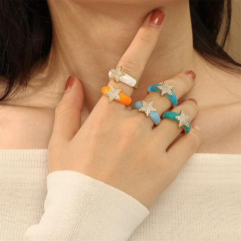 Mode Stern Emaille Offener Ring Für Damen Verstellbar Kupfer Vergoldet Zirkonia Eingelegt Mehrfarbig Statement Ring Schmuck