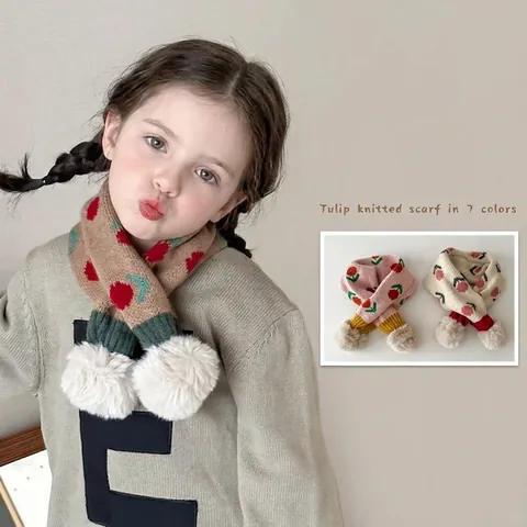 Bufanda De Punto Para Niños Invierno Cálido Jacquard Floral Calentador De Cuello Con Pompones De Piel Sintética Para Niños Pequeños Niñas Niños