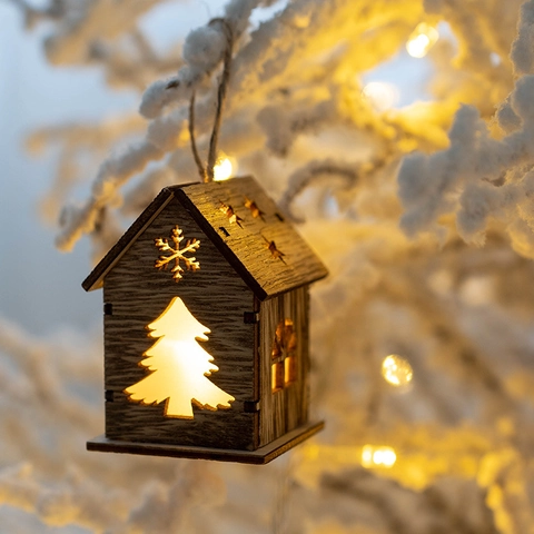 Casa de Madera de Navidad Adorno Colgante Con Luz LED Hueco Copo de Nieve Alce Árbol Para Decoración de Fiesta Hogar