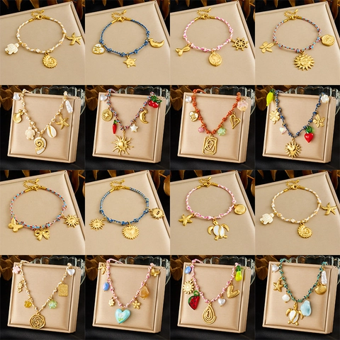 Bohemian Handmade Woven Rope Necklace Bracelet Stainless Steel Marine Sea Turtle Starfish Shell Pendants For Women Beach