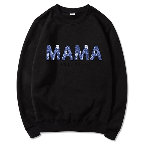 Mama Est 2025 Hoodie Women Polyester Fleece Lined Long Sleeve Floral Letter Print Casual Loose Pullover Sweatshirt