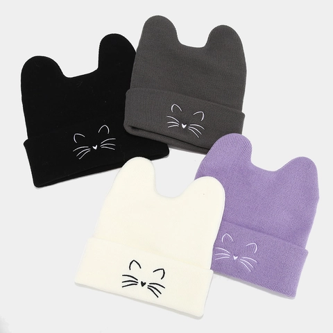 Schattige Kattenoor Gebreide Muts Acryl Borduurwerk Winter Warm Casual Stijl Voor Vrouwen Meisjes