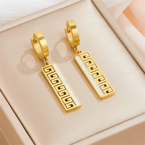 Pendientes Colgantes Rectangulares De Acero Inoxidable Para Mujer Patrón Griego Geométrico Diamantes De Imitación