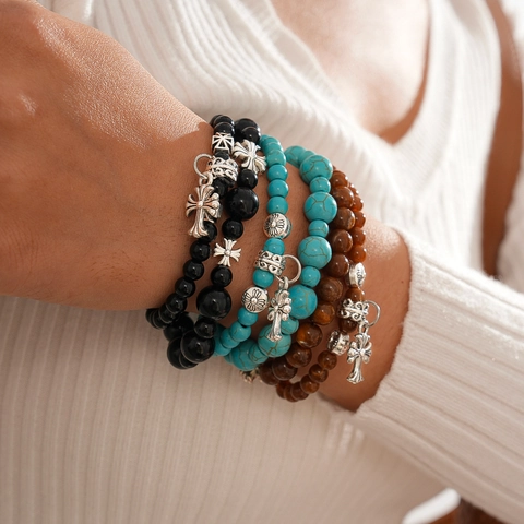 Bracciale Di Perline Retrò Con Ciondolo A Croce In Lega Gioielli Vintage Gotici Pietra Vetro Per Donna Uomo