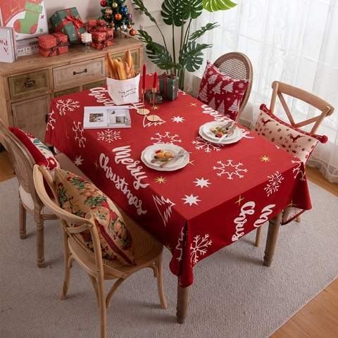 Mantel De Navidad Rojo Rectangular Poliéster Terciopelo Copo De Nieve Árbol Decoración De Mesa