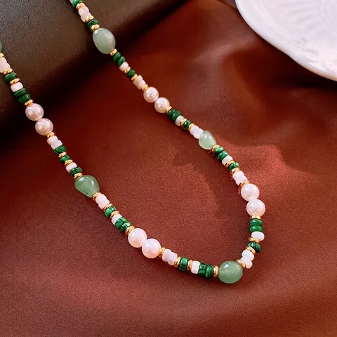Collana Di Künstliche Perle In Malachite Naturale Con Künstliche Perle Di Conchiglia E Rame Placcato Oro Gioielli Di Lusso Francesi Vintage Per Donne