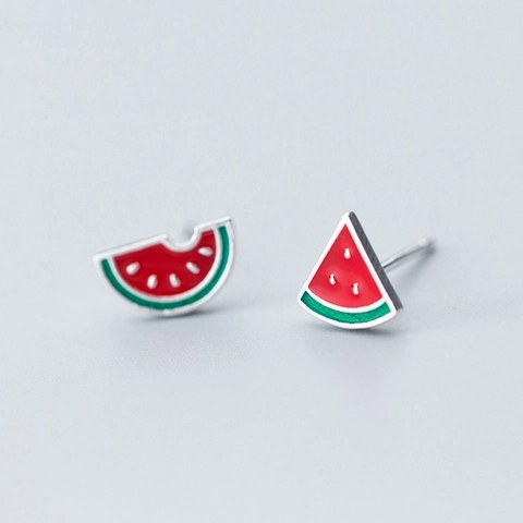 Pendientes de Botón de Plata de Ley S925 Sandía Lindos Joyas de Verano de Frutas Asimétricas Lacadas Rojas Verdes para Mujer