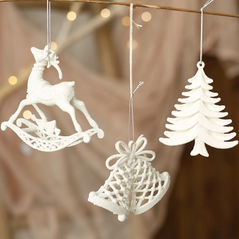 Addobbi Natalizi Appesi Con Glitter Bianco PVC Plastica Renna Angelo Stella Campana Fiocco Decorazione Albero