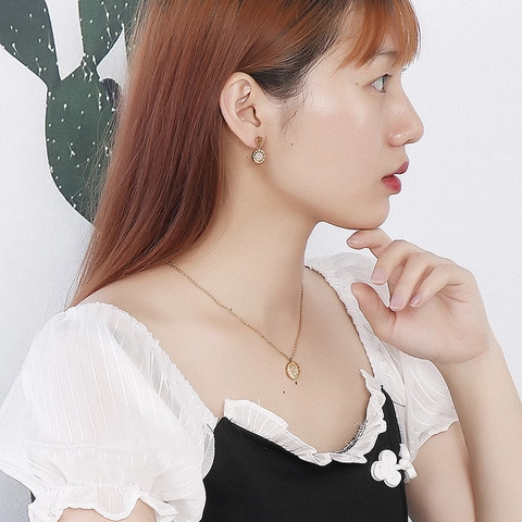 Joyas Acero Inoxidable Collar Y Pendientes Con Números Romanos Diamantes Imitación Colgante Geométrico Para Mujer Elegante