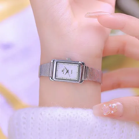 Reloj de Cuarzo para Mujer BS Bee Sister Lujo Caja Rectangular de Aleación Correa de Metal Elástica Esfera con Números Romanos y Strass